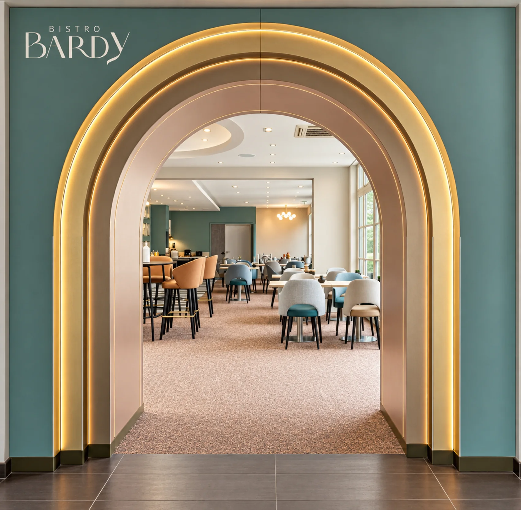 Mercure Angoulême — arche et salle de restaurant